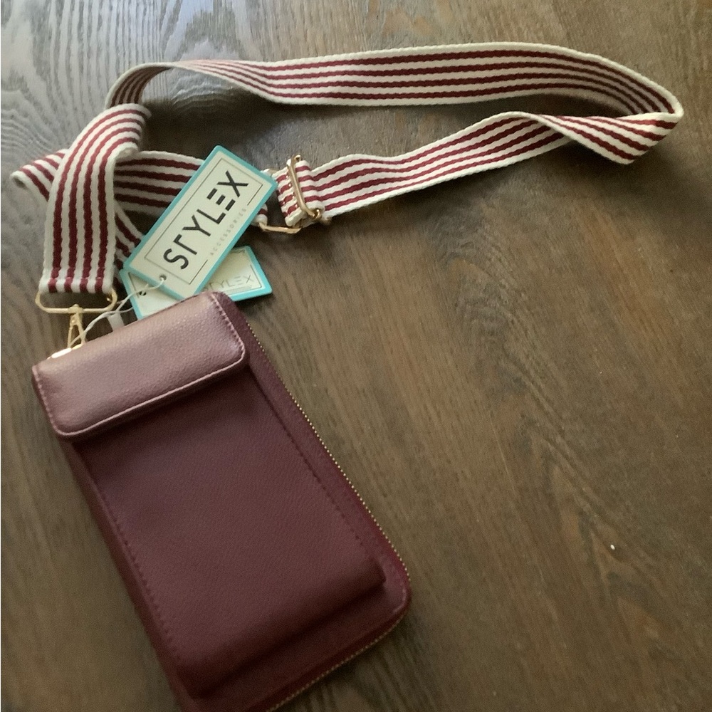 Burgundy Crossbody Phone Bag with Striped Strap